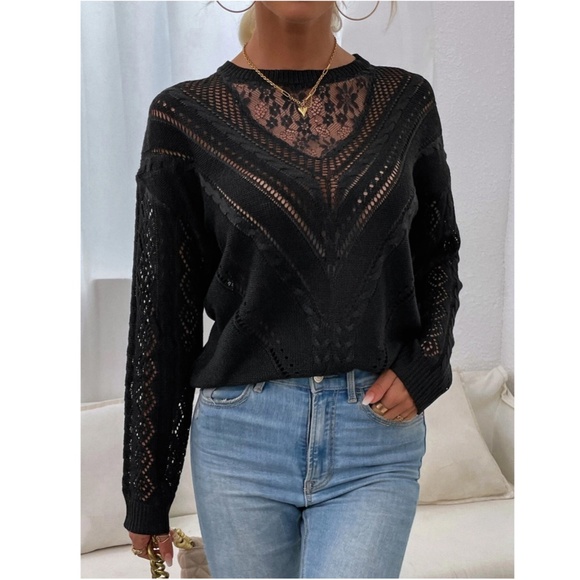 Lace Detail Black Knit Long Sleeve Light Sweater Top - Picture 3 of 11